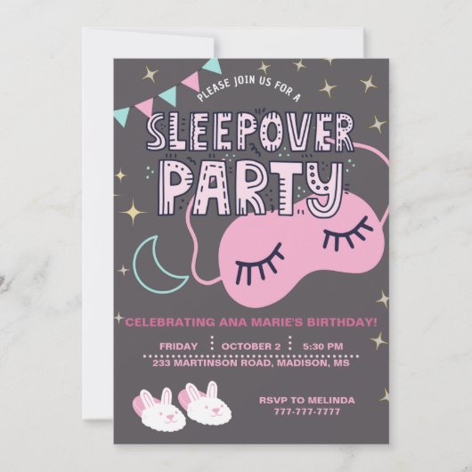INVITATION FÊTE D'ANNIVERSAIRE DE SLEEPOVER (Devant)