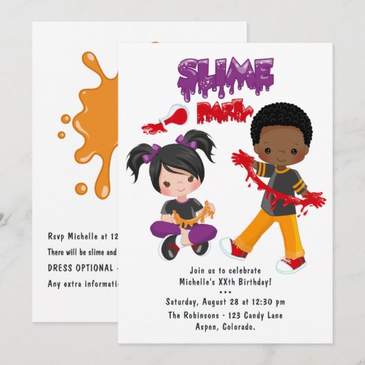 Invitation Fête d'anniversaire de Slime Mignon (Devant / Derrière)