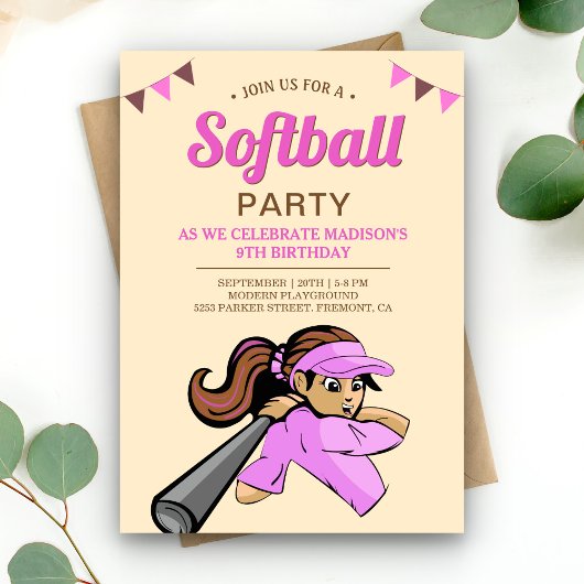 Invitation Fête d'anniversaire de softball rose