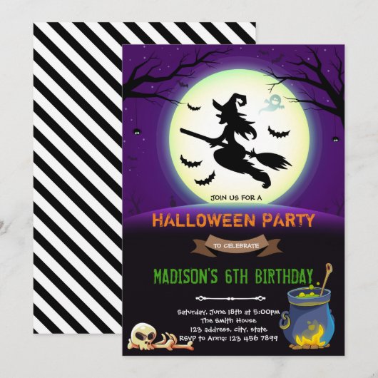 Invitation Fête d'anniversaire de sorcière d'Halloween (Devant / Derrière)