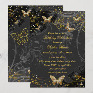 Invitation Fête d'anniversaire de Sparkle Gold Black Butterfl