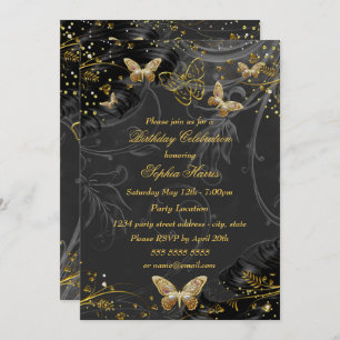 Invitation Fête d'anniversaire de Sparkle Gold Black Butterfl