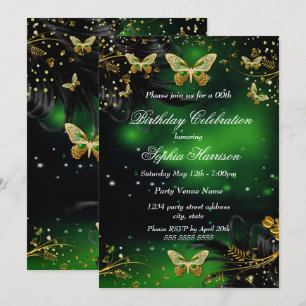 Invitation Fête d'anniversaire de Sparkle Green Gold Butterfl