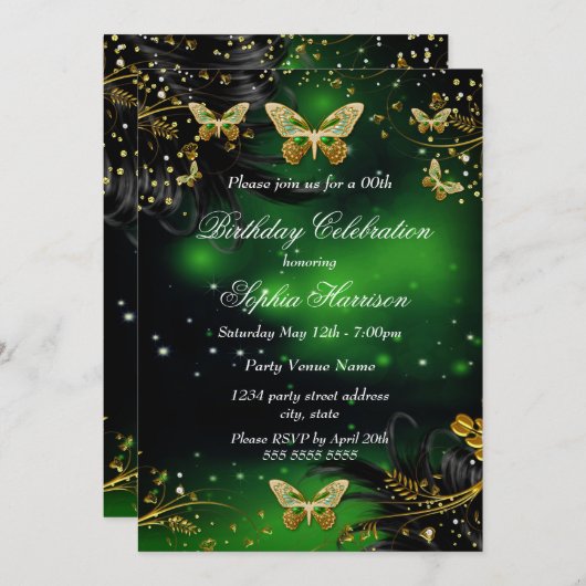 Invitation Fête d'anniversaire de Sparkle Green Gold Butterfl (Devant / Derrière)