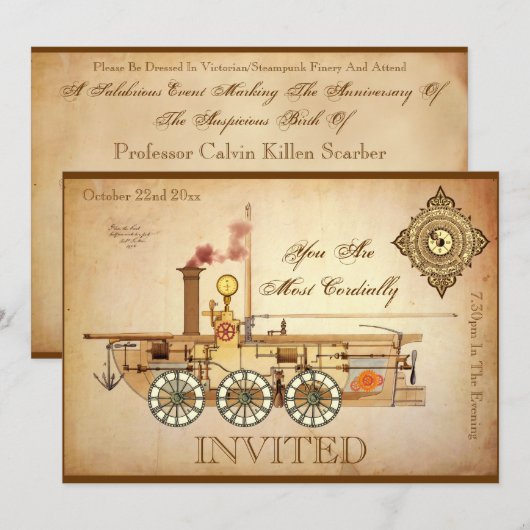 Invitation Fête d'anniversaire de Steampunk (Devant / Derrière)