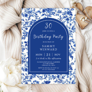 Invitation Fête d'anniversaire de style antique bleu de Delft