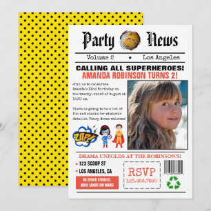 Invitation Fête d'anniversaire de super-héros de journal