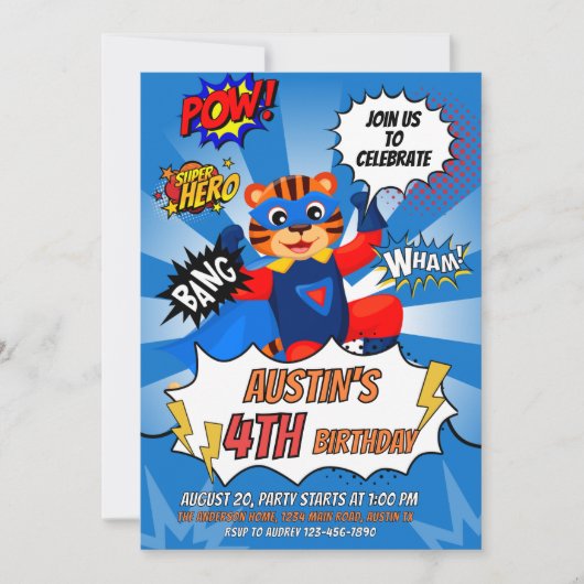Invitation Fête d'anniversaire de Superhero Tiger (Devant)