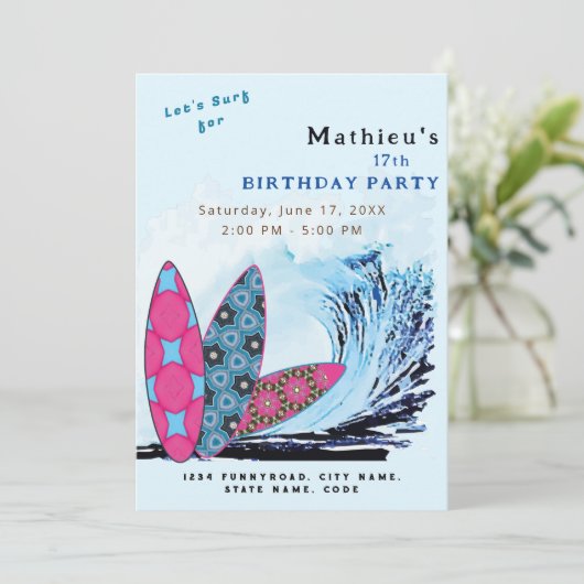 Invitation Fête d'anniversaire de surf surfboard (Debout devant)