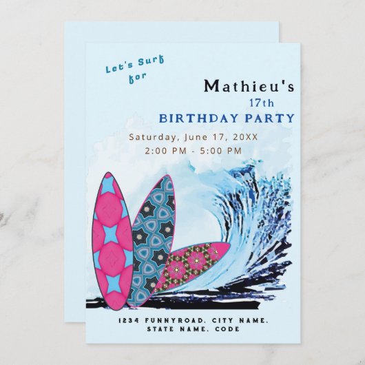 Invitation Fête d'anniversaire de surf surfboard (Devant / Derrière)