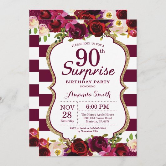 Invitation Fête d'anniversaire de surprise florale de (Devant / Derrière)