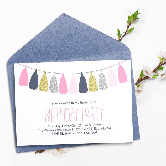 Invitation Fête d'anniversaire de Tassel Garland bleu et rose