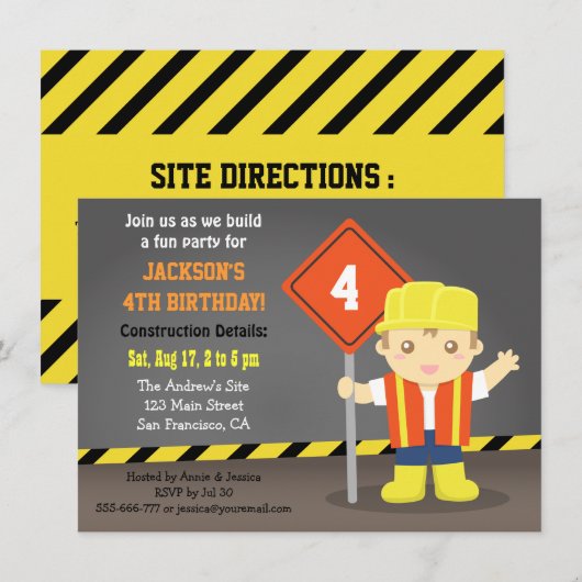 Invitation Fête d'anniversaire de thème de construction de (Devant / Derrière)