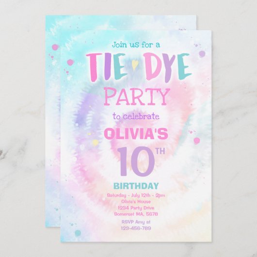 Invitation Fête d'anniversaire de Tie Dye Pastel Tie Dye Hipp (Devant / Derrière)