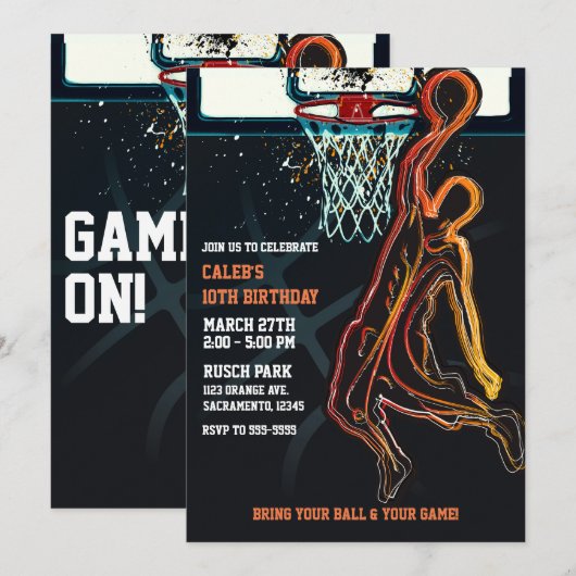 Invitation Fête d'anniversaire de tir à saut dunk de basketba (Devant / Derrière)