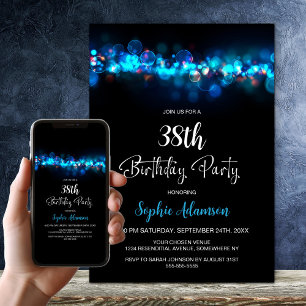 Invitation Fête d'anniversaire de tout âge à effet Bokeh bleu