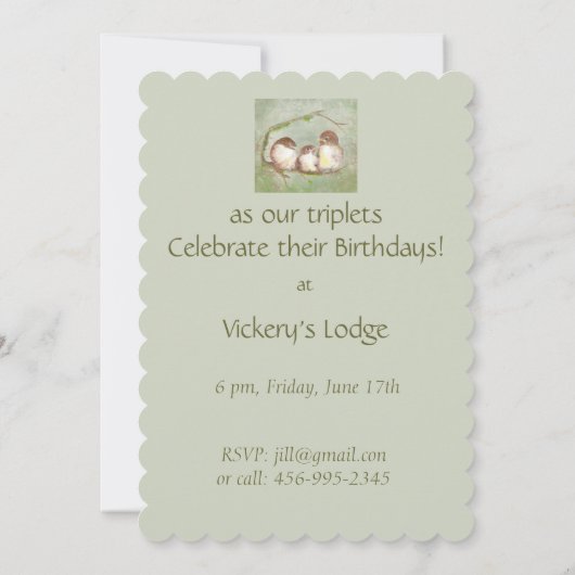 Invitation Fête d'anniversaire de Triplet Oiseaux mignons (Dos)