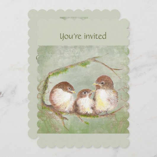 Invitation Fête d'anniversaire de Triplet Oiseaux mignons (Devant / Derrière)