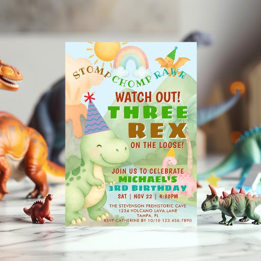 Invitation Fête d'anniversaire de trois Rex sur le thème des 