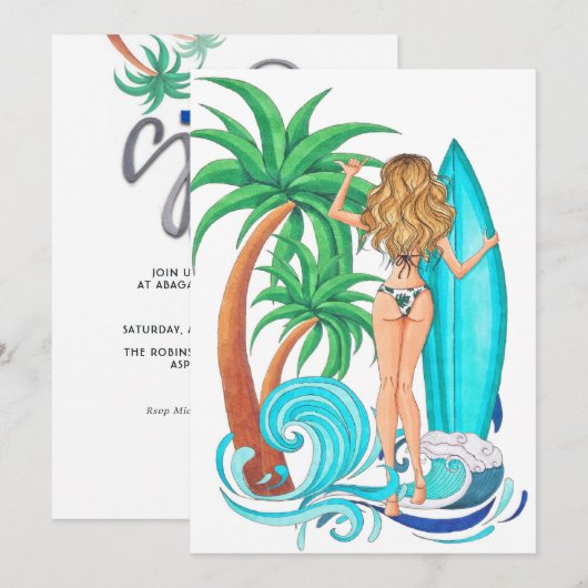Invitation Fête d'anniversaire de vacances de plage de surf d (Devant / Derrière)