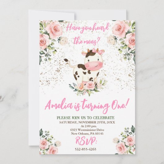 Invitation Fête d'anniversaire de vache, rose et or fille Ann (Devant)