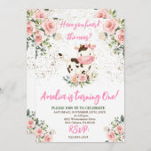 Invitation Fête d'anniversaire de vache, rose et or fille Ann (Devant / Derrière)