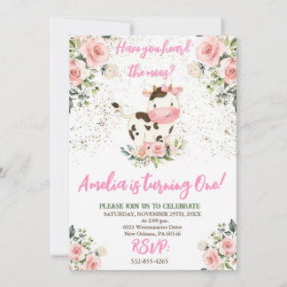 Invitation Fête d'anniversaire de vache, rose et or fille Ann
