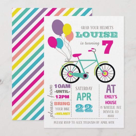Invitation Fête d'anniversaire de vélo arc-en-ciel (Devant / Derrière)