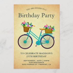 Invitation Fête d'anniversaire de vélo floral sarcelle rétro 