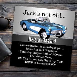 Invitation Fête d'anniversaire de voiture antique bleue pour