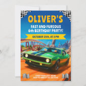Invitation Fête d'anniversaire de voiture de course avec voit (Devant)