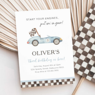 Invitation Fête d'anniversaire de voiture de course bleue Tou