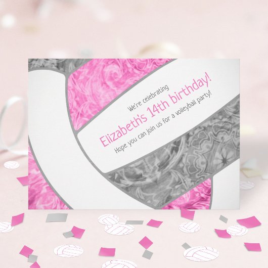 Invitation fête d'anniversaire de volley-ball gris rose