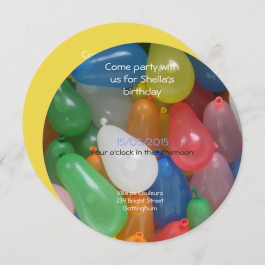 Invitation fête d'anniversaire de water baloon (Devant / Derrière)