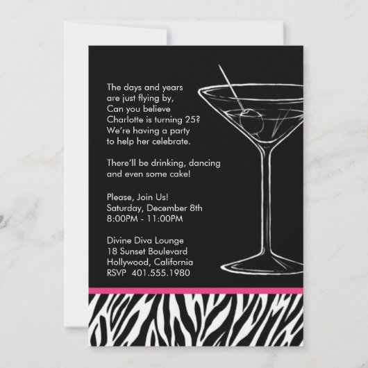 Invitation fête d'anniversaire de zebra print martini (Devant)