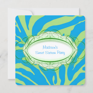 Invitation Fête d'anniversaire de zèbre vert citron et bleu s