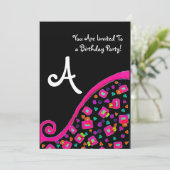 Invitation FÊTE D'ANNIVERSAIRE DECO MONOGRAMME, fuchsia noir (Debout devant)