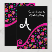 Invitation FÊTE D'ANNIVERSAIRE DECO MONOGRAMME, fuchsia noir (Devant / Derrière)