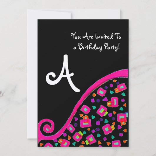Invitation FÊTE D'ANNIVERSAIRE DECO MONOGRAMME, fuchsia or no (Devant)