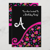 Invitation FÊTE D'ANNIVERSAIRE DECO MONOGRAMME, fuchsia or no (Devant / Derrière)