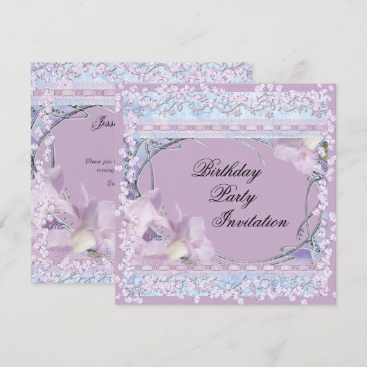 Invitation Fête d'anniversaire décorée de fleurs et de bijoux (Devant / Derrière)