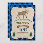 Invitation Fête d'anniversaire d'élan bûcheron bleu (Devant / Derrière)
