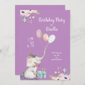 Invitation Fête d'anniversaire d'éléphant de Boho + couleur (Devant / Derrière)