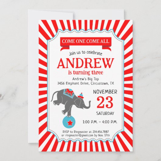Invitation Fête d'anniversaire d'éléphant de cirque (Devant)