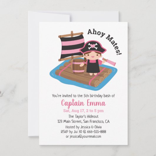 Invitation Fête d'anniversaire d'enfant thème pirate mignon c (Devant)