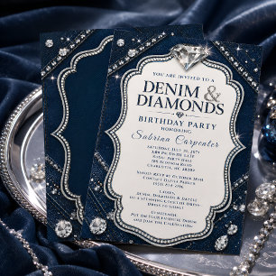 Invitation Fête d'anniversaire Denim & Diamonds Bleu marine