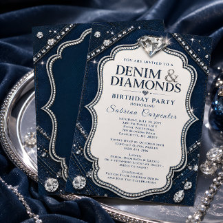 Invitation Fête d'anniversaire Denim & Diamonds Bleu marine