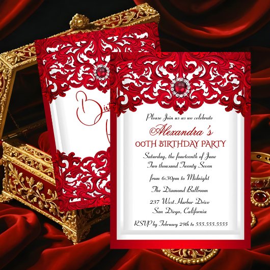 Invitation Fête d'anniversaire dentelle blanche rouge perle d