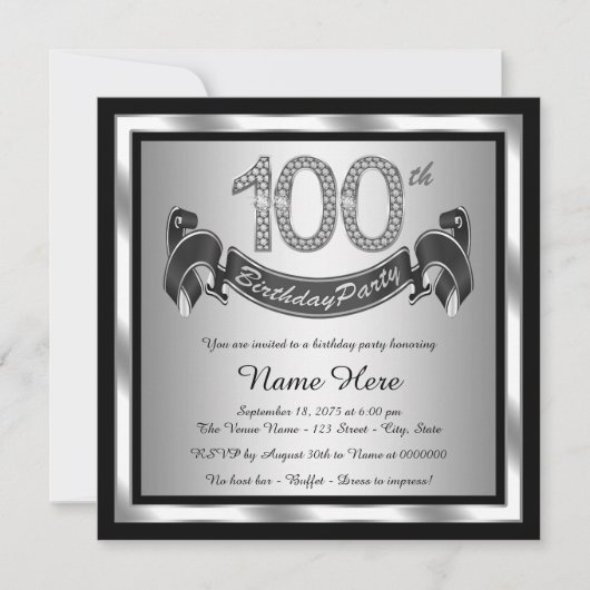 Invitation Fête d'anniversaire des 100 ans argentée (Devant)