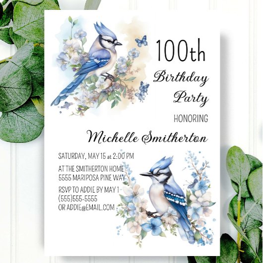 Invitation Fête d'anniversaire des 100 ans Blue Jay Bird Flow
